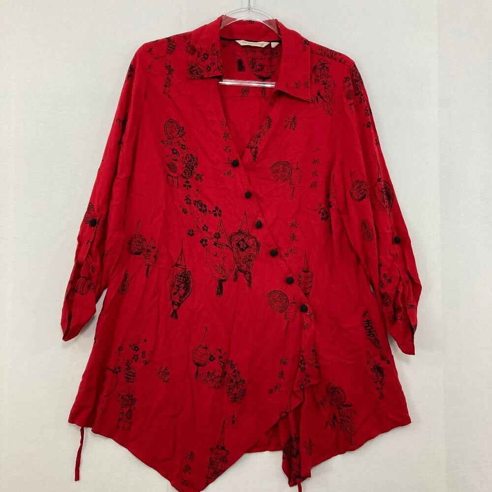 Soft Surroundings Medium Red Black Asian‎ Print Button Artsy Tunic Festival
